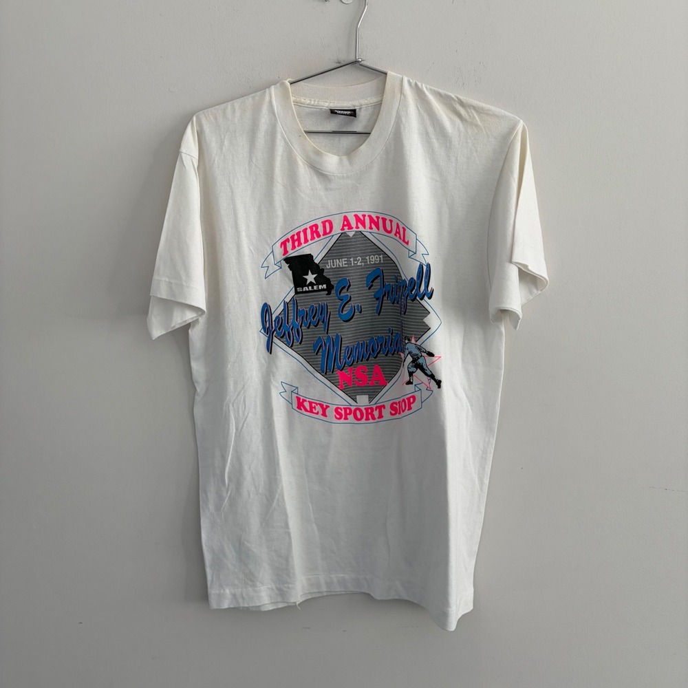 Vintage 1991 Jeffrey E. Frizzell Memorial NSA Softball T-Shirt White Large